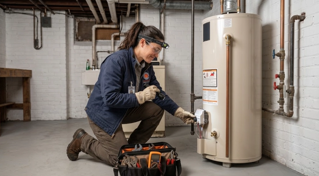 Plumbing technician checking the thermostat and burner assembly on a residential gas water heater
